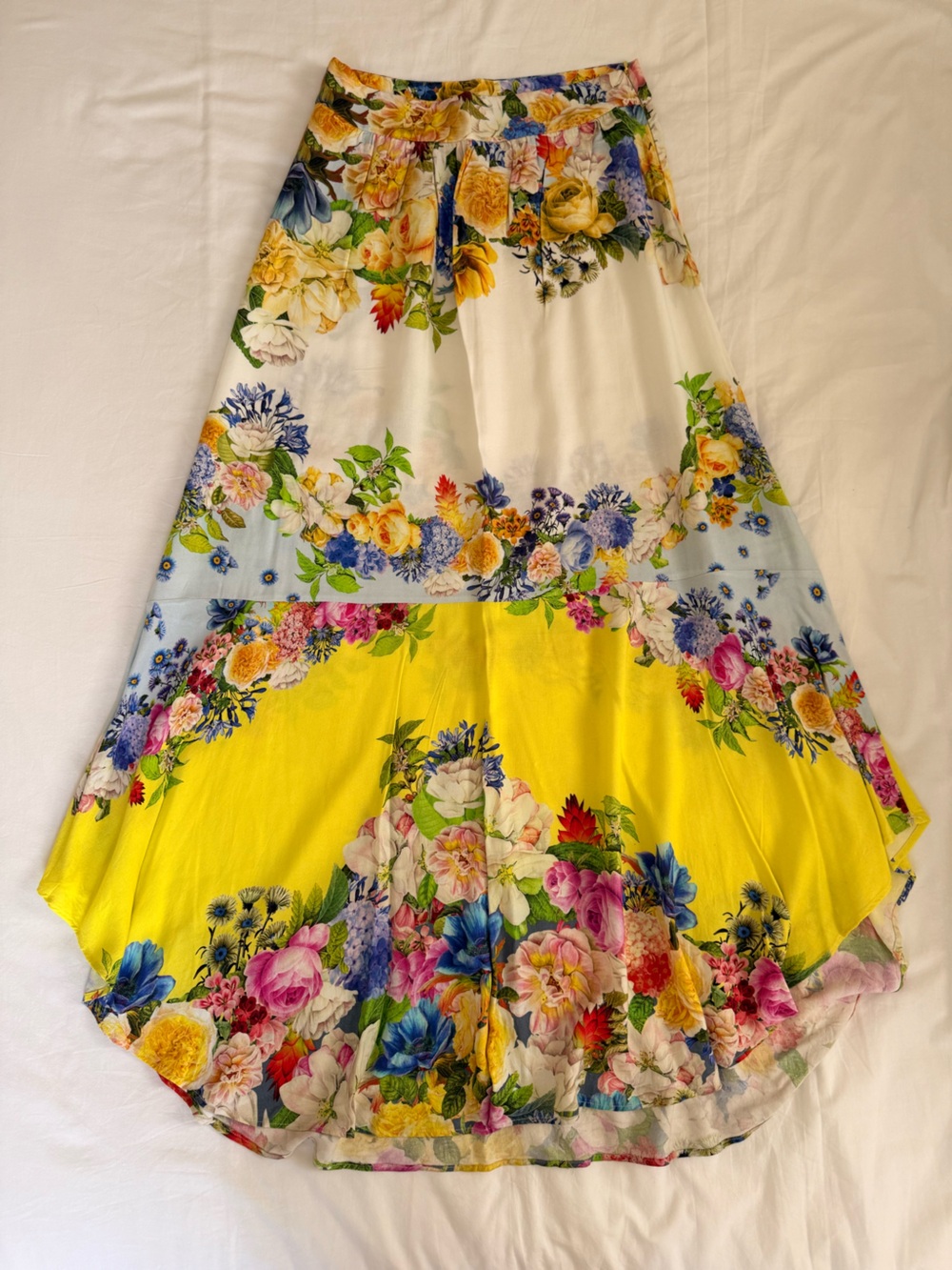 FARM Rio White Maxi Skirt with Yellow & Blue Floral Panels